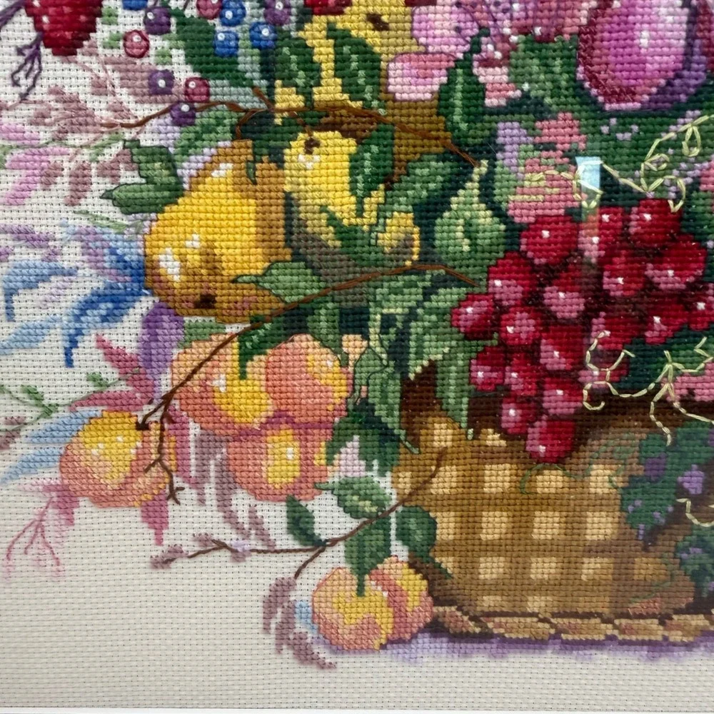 Vintage 1994 Framed Cross Stitch Fruit Basket Floral Embroidery Gold Frame 22.5